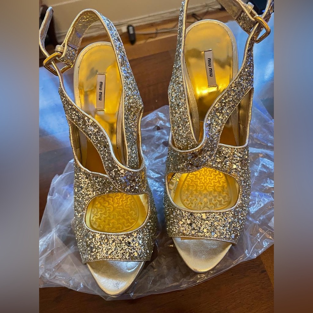Miu Miu Glitter Open Toe Platform Heel - image 3